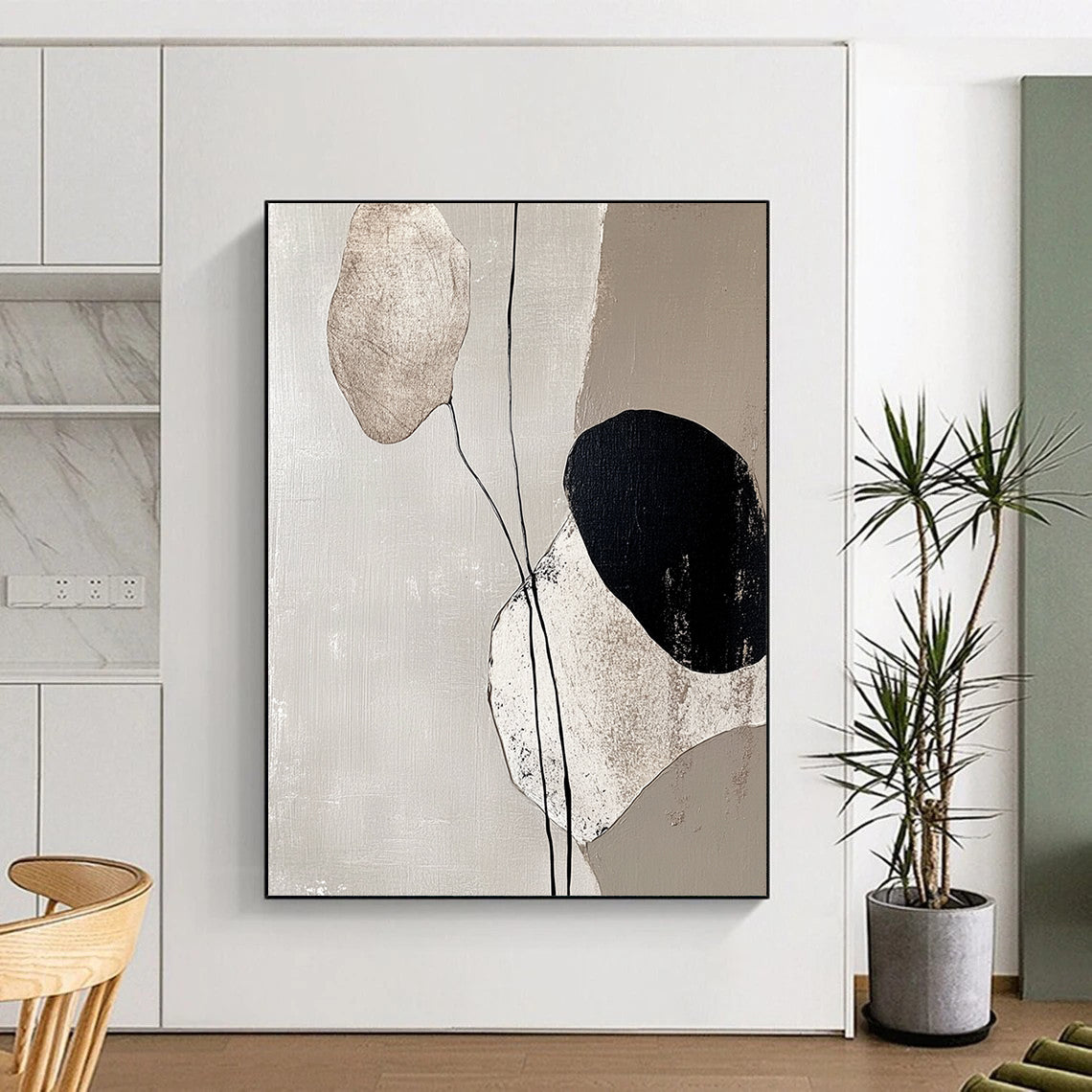 Large Abstract Art For Sale, Beige Black White Abstract Minimalist Geometric Art PT174