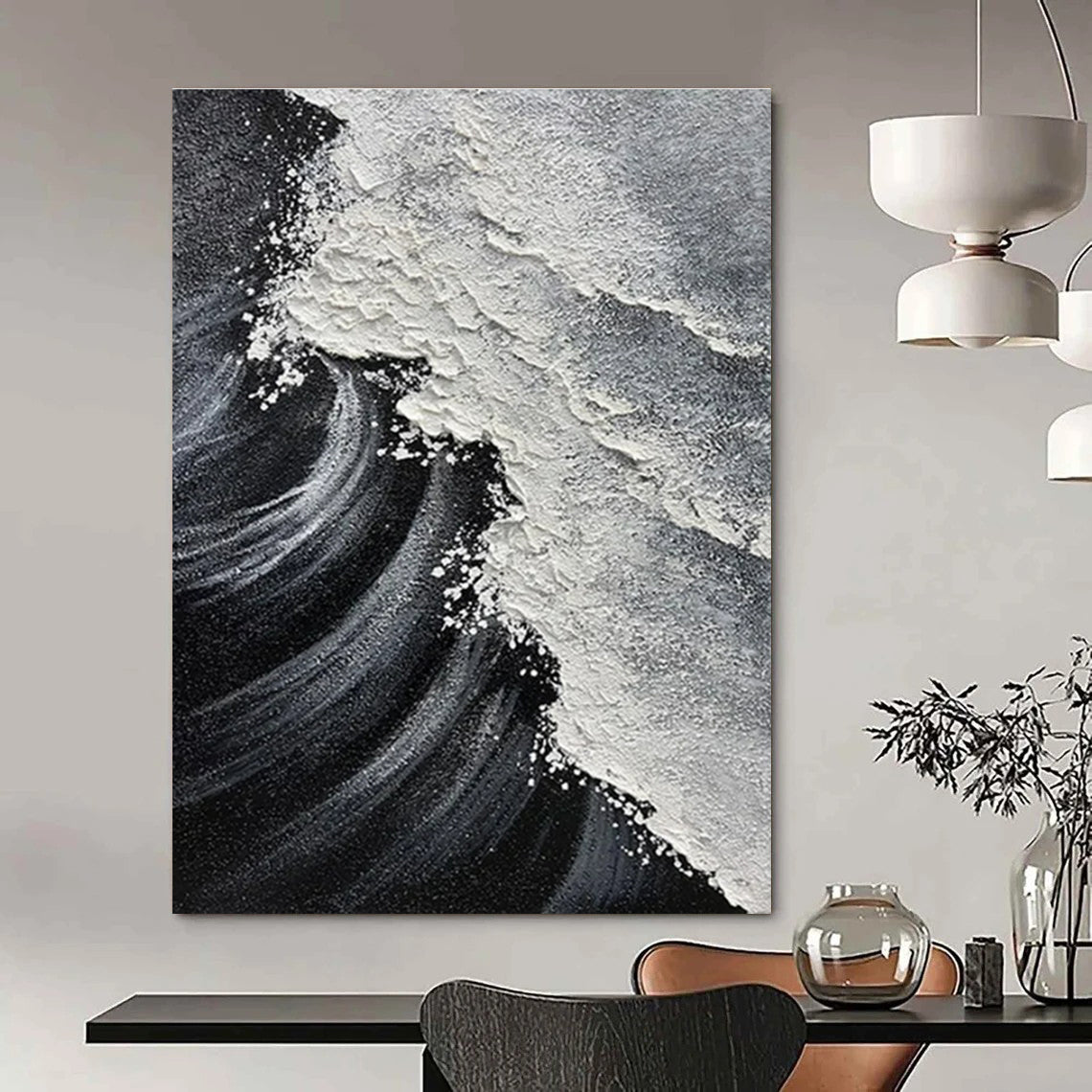 Hand-Painted Black & White Textured Wave Abstract, Acrylic Modern Art Painting DPS506
