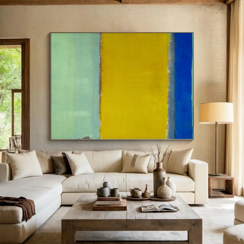 Hand Painted Art Blue, Yellow & Gray Color Field Abstract Painting On Canvas PT105