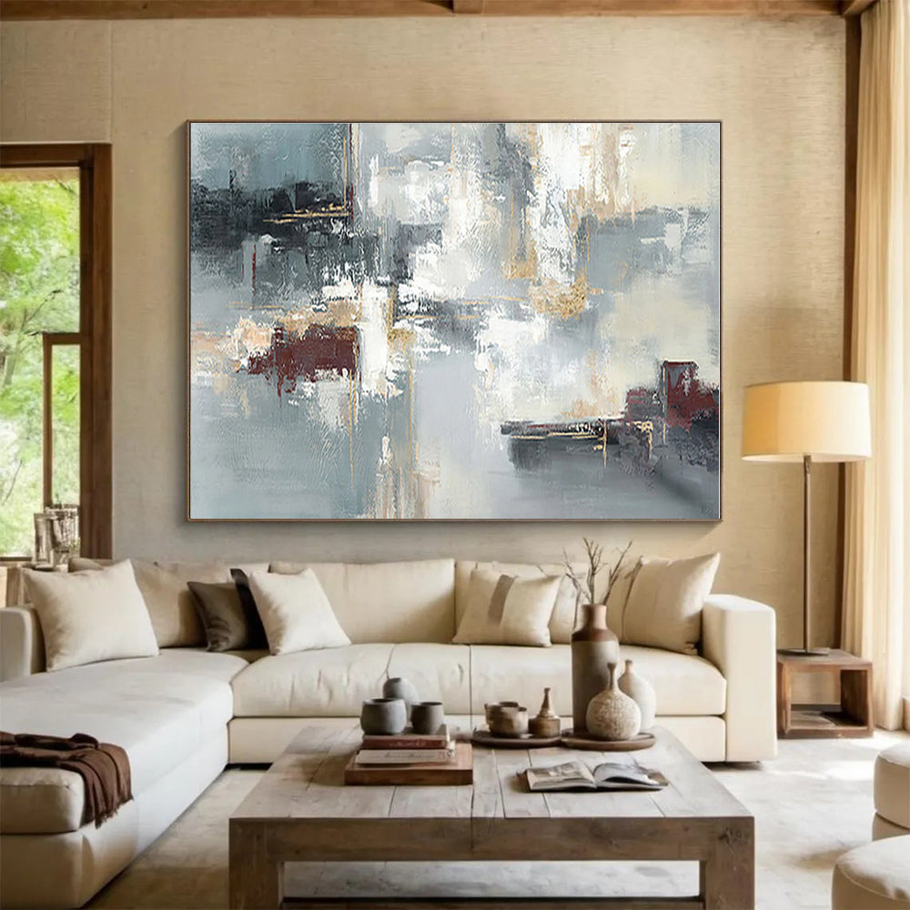 Modern Art Acrylic Gray, Red & Gold Urban Abstract Painting On Canvas HPS090