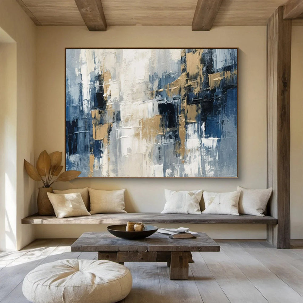 Large Painting In Living Room Blue, Gray, and Gold Textured Abstract Geometric Art HPS395