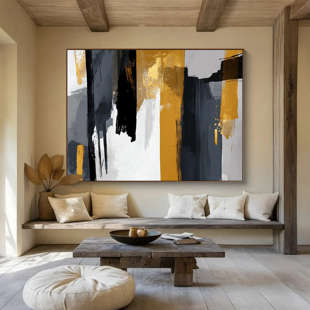 Oversized Abstract Wall Art Black, Gray, and Gold Textured Abstract Art HPS397