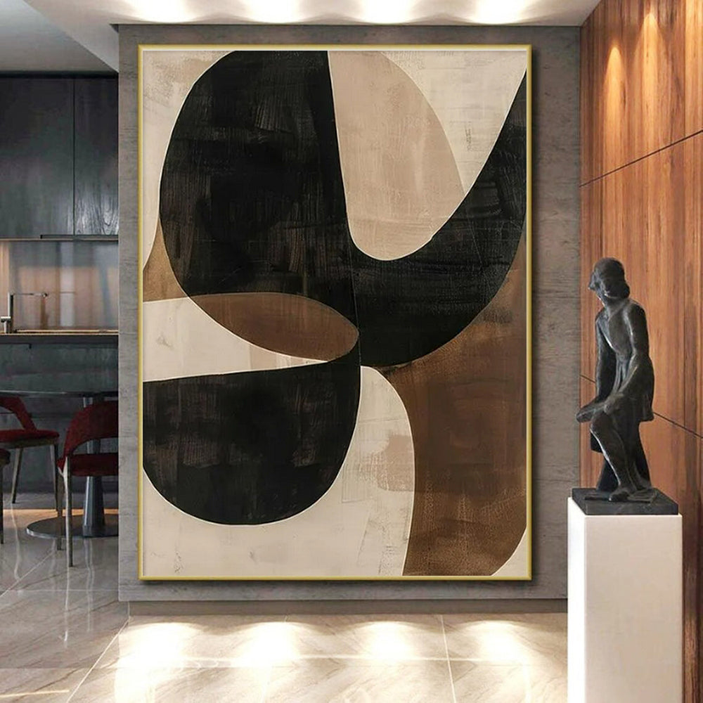 Handmade Art - Black, Brown & Beige Geometric Abstract Art with Flowing Forms PT600