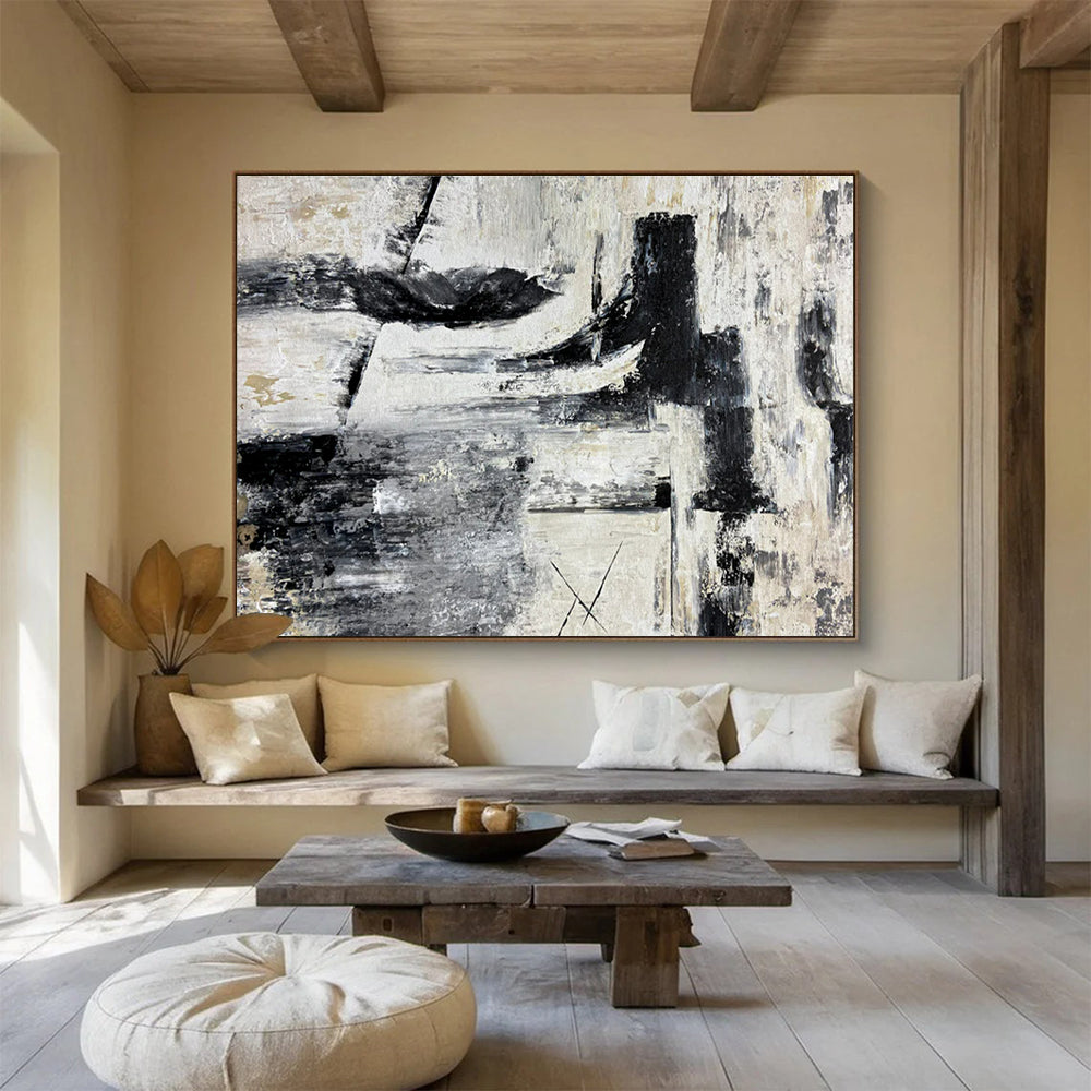 Huge Size Black, White, and Gray Textured Abstract Geometric Art HPS393