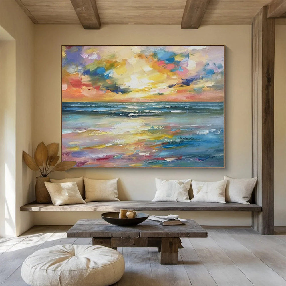 Large Painting In Living Room Multicolor Abstract Seaside Sunset Art HPS405