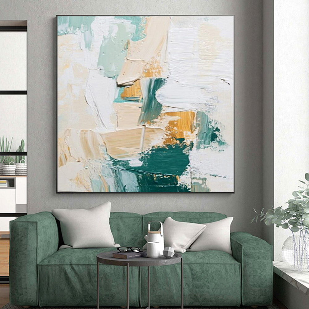 Acrylic Modern Art Paintings Green, Beige, and Gold Textured Abstract Art PT742