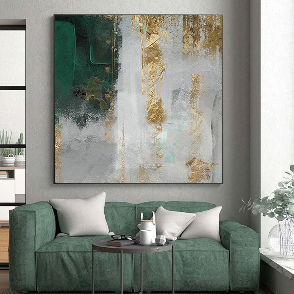 Unique Abstract Art Green, Gold & Gray Textured Abstract Painting On Canvas PT085