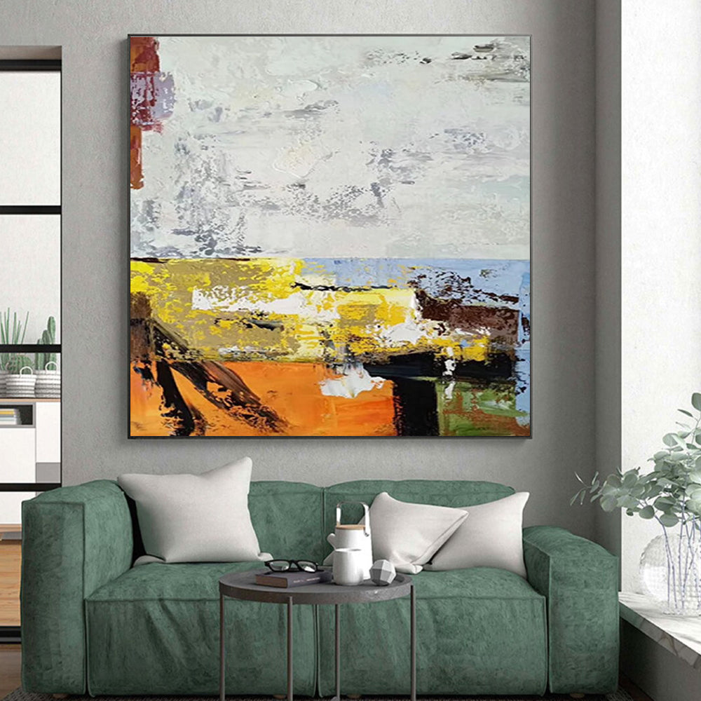48x60 Orange, Yellow, White, and Gray Abstract Painting with Bold Textures, Cool Abstract Paintings PT206