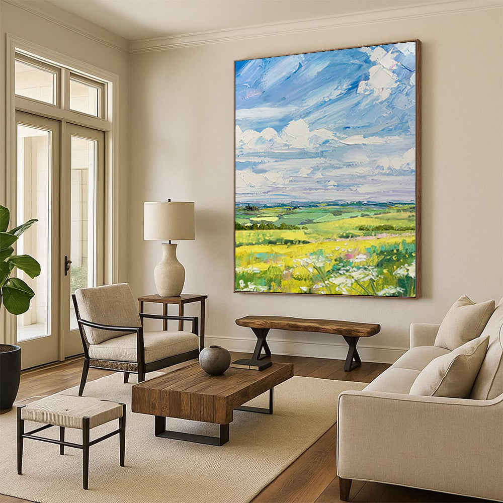 Large Painting In Living Room Colorful Landscape with Sky and Fields Acrylic Modern Art DPS420
