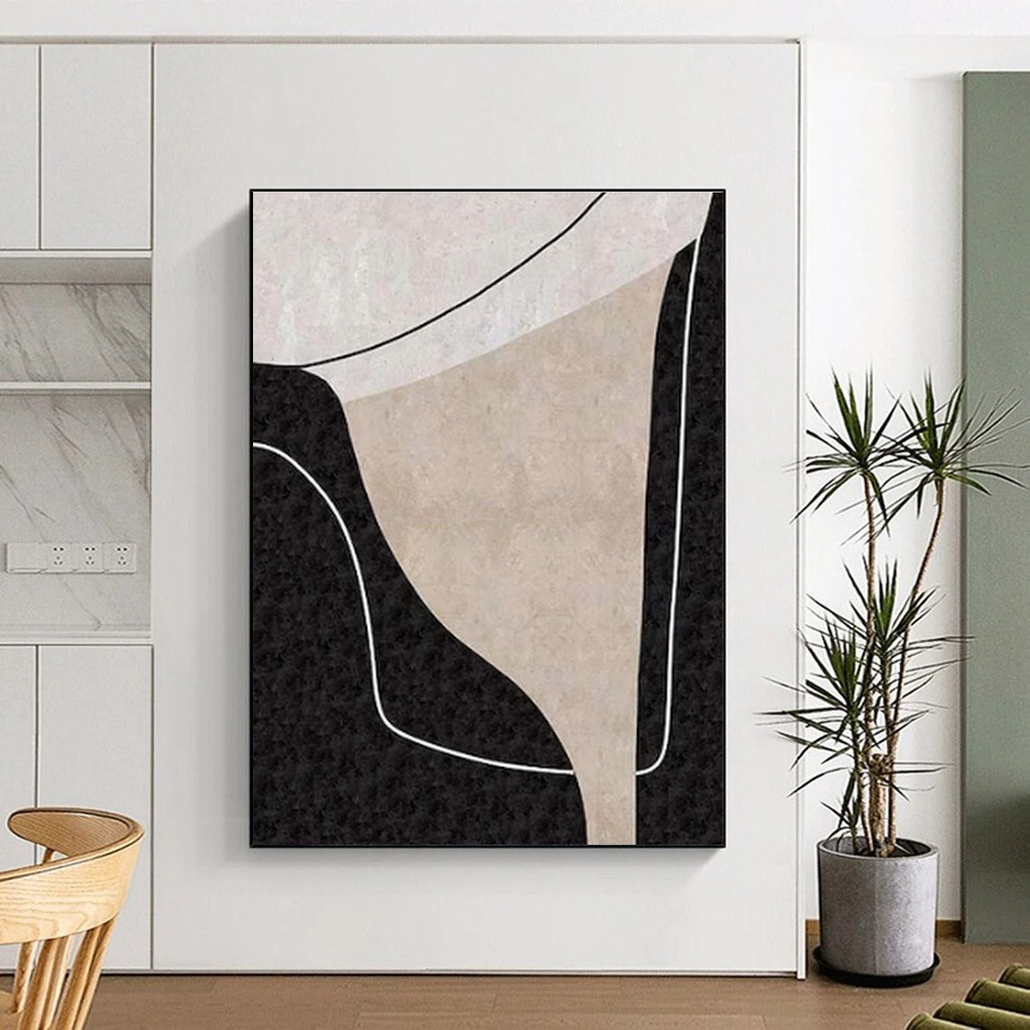 Minimalist Canvas Art Black, Beige, and White Organic Abstract Art PT712