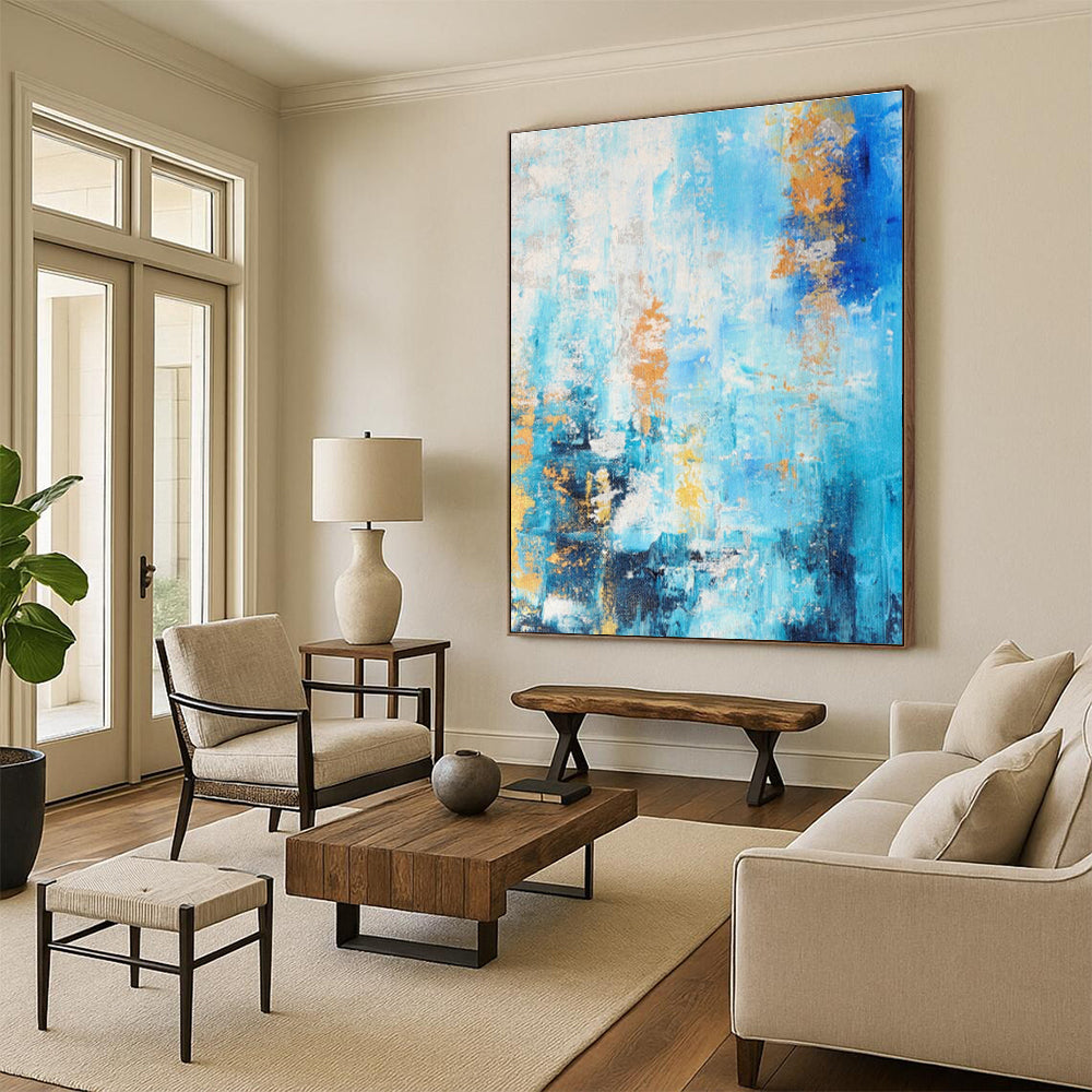 Hand-Painted Blue and Orange Abstract Art with White Accents, Acrylic Modern Art Painting PT281