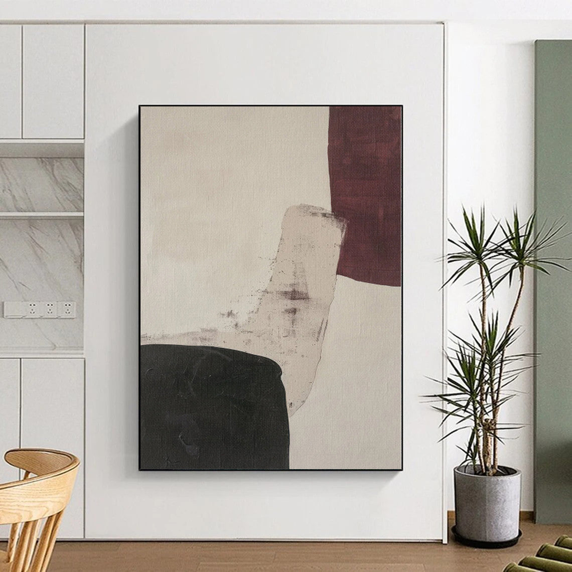 Unique Abstract Art Black, White & Maroon Geometric Abstract Painting On Canvas PT025
