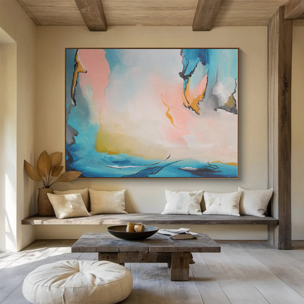 Modern Art Acrylic Soft Blue & Pink Abstract Figures On Canvas HPS018