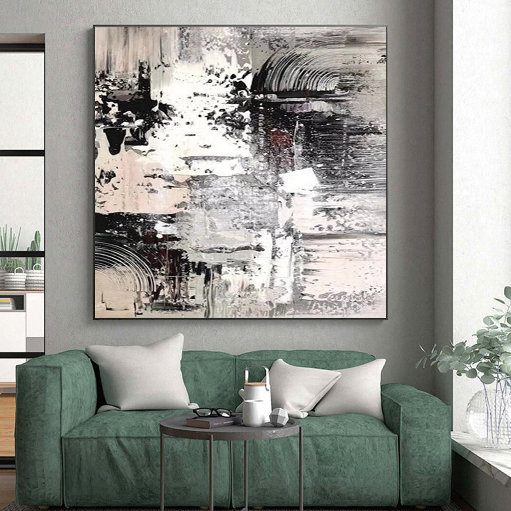 Hand Painted Art in Black, White, and Grey Abstract Textural Layers Painting On Canvas PT272