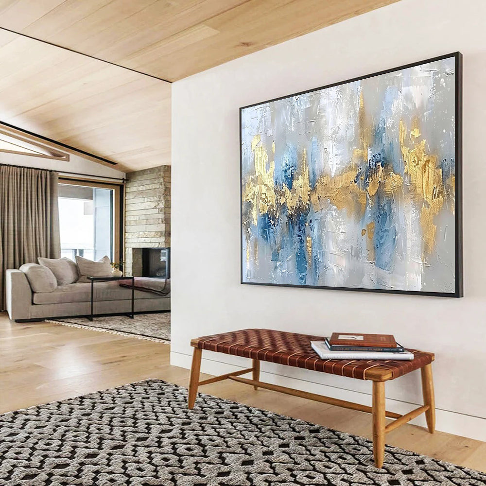 Hand Painted Art Gray, Blue & Gold Textured Abstract Art HPS193