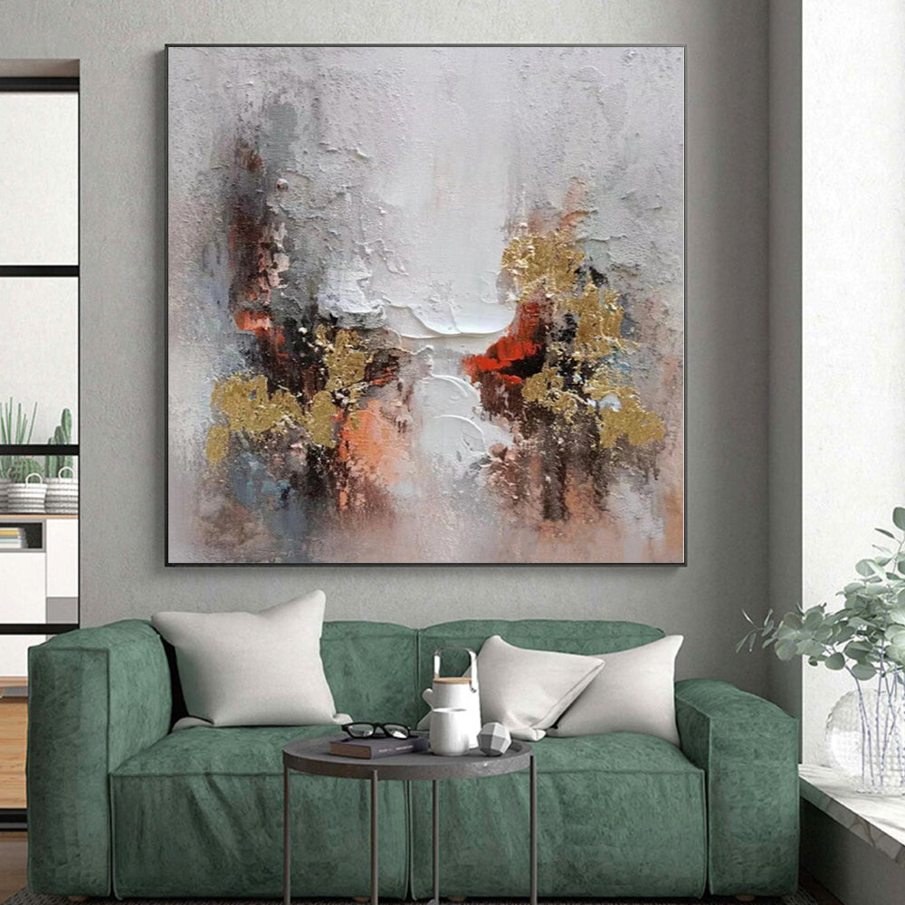 Hand-Painted Gray, Red & Gold Textured Abstract Painting On Canvas PT031