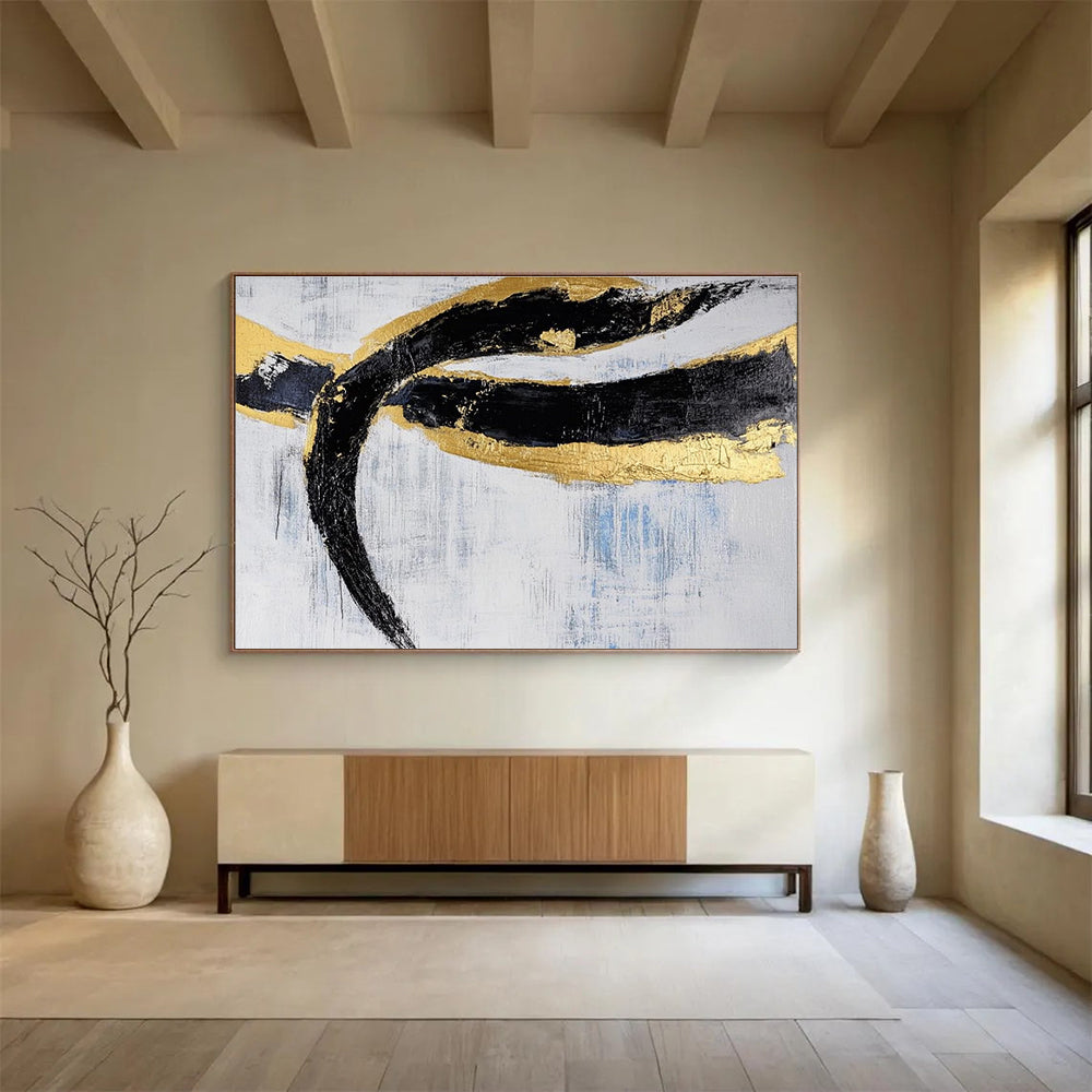 Unique Abstract Art Black, Gold & White Textured Linear Abstract Painting HPS240