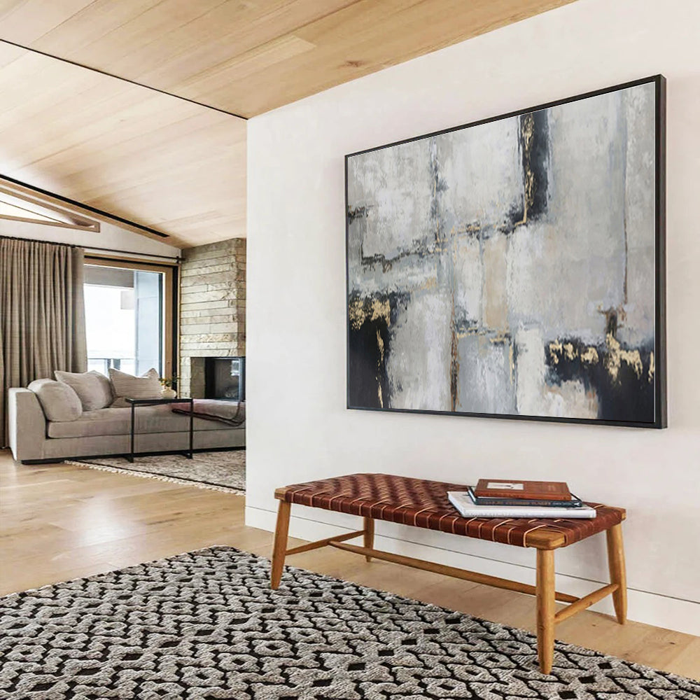 Large Size Gray, Gold & Black Geometric Abstract Painting On Canvas HPS089