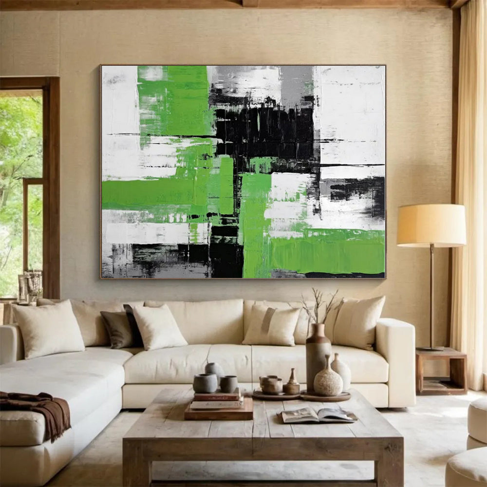 Cool Abstract Paintings Green, Black, White, and Gray Geometric Abstract Art PT796