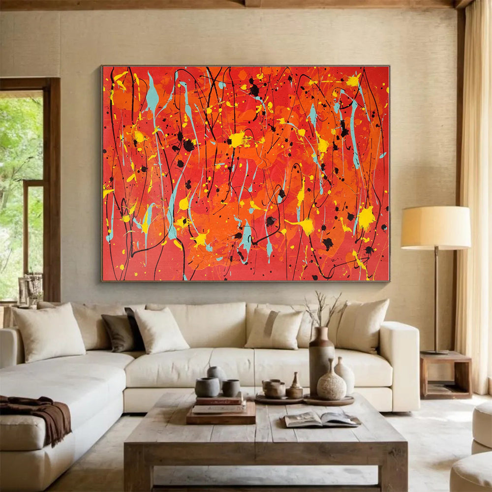 Hand Painted Art Vibrant Red, Orange, Yellow & Teal Splatter Abstract Painting On Canvas HPS075