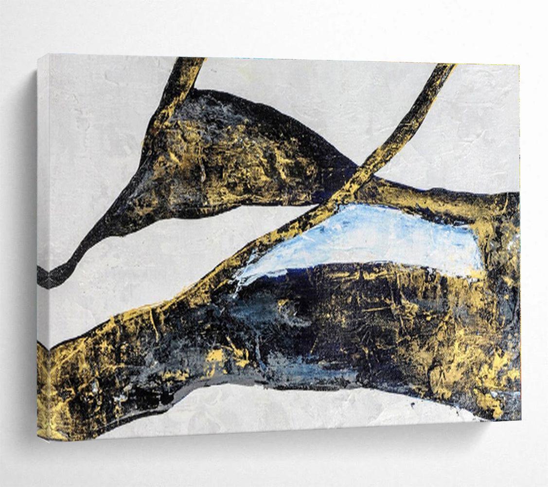 Hand Painted Art Black, Gold & Blue Abstract Shapes On Canvas HPS009