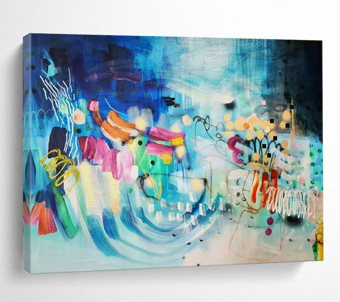 Large Size Blue and Multicolor Whimsical Abstract Art HPS334