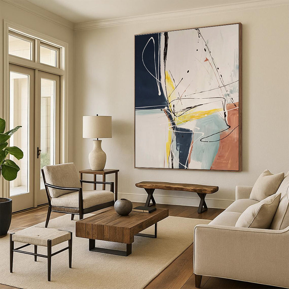 Hand-Painted Navy, Yellow, Beige, and Coral Abstract Painting with Dynamic Lines, Acrylic Modern Art PT211