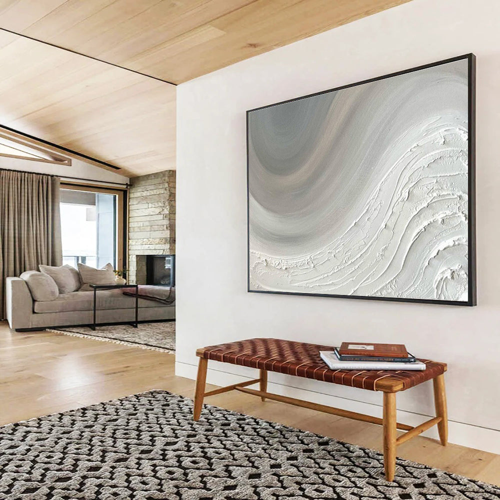 Huge Size White and Gray Textured Abstract Wave Art HPS343