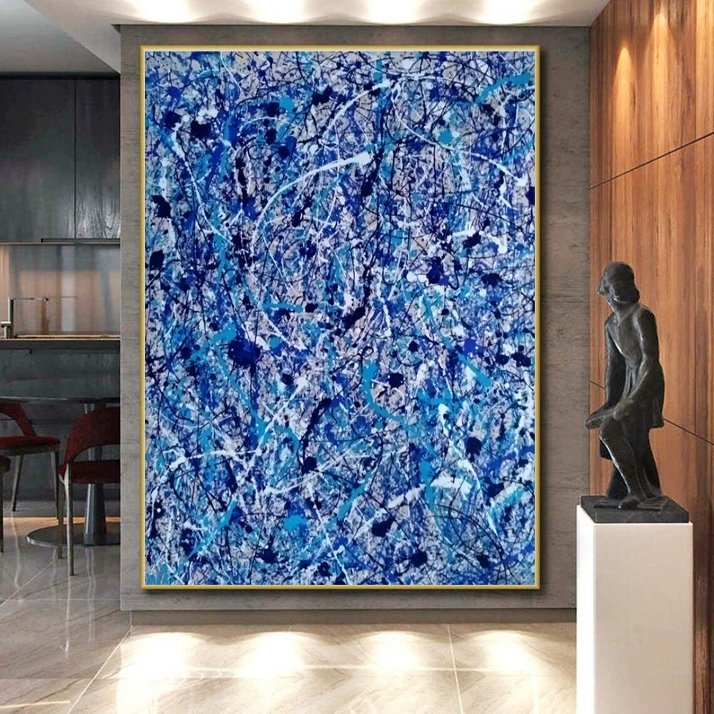 Unique Abstract Art - Blue, Black, White & Beige Chaotic Lines Abstract Expressionism Art PT605