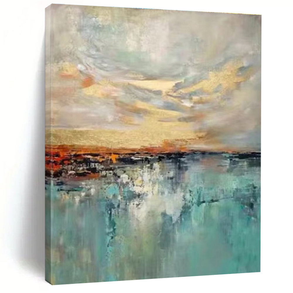 Hand-Painted Teal, Gold, and Gray Abstract Seaside Sunset Art DPS466