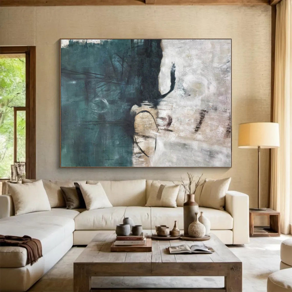 Modern Art Acrylic Teal Beige Textured Abstract Art PT397