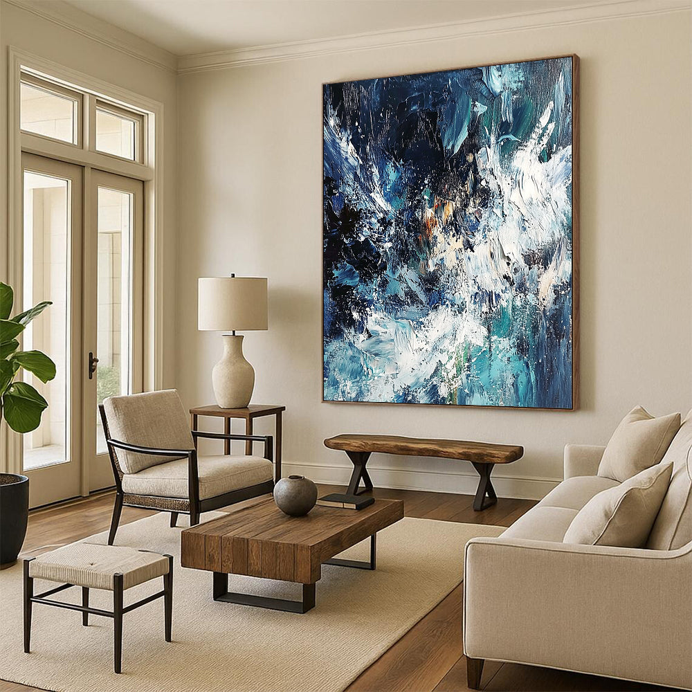 Unique Abstract Art Blue & White Textured Seascape Abstract Painting On Canvas PT125