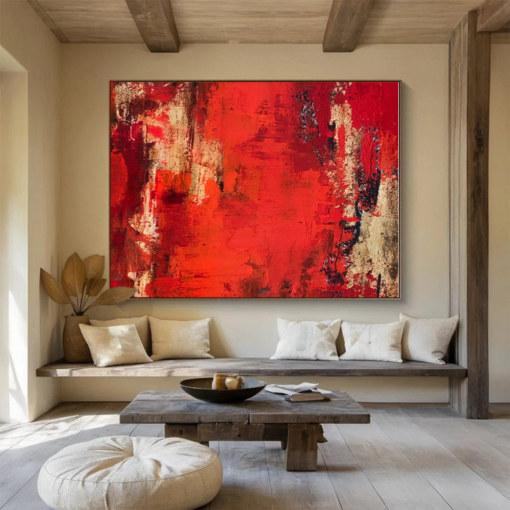 Oversized Abstract Wall Art Red & Beige Textured Abstract Painting On Canvas HPS080