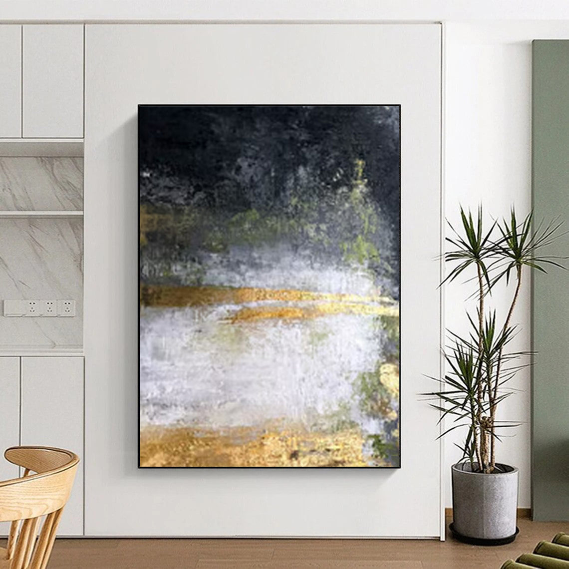 Hand-Painted Black, Gold, and White Textured Abstract Art PT653
