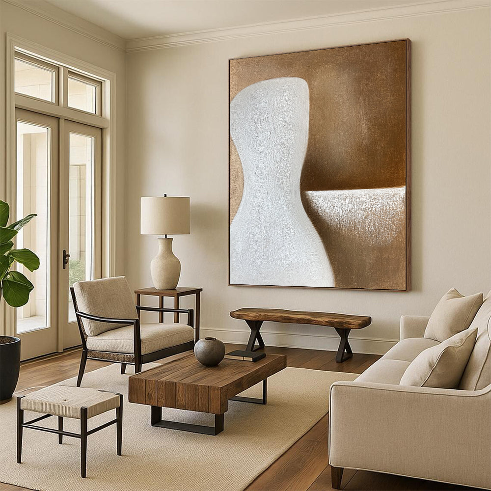 Large Abstract Painting For Living Room, Brown White Abstract Minimalist Sculpture-Inspired Art PT161