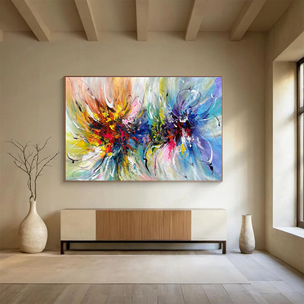 Large Size Multicolor Expressive Abstract Floral Burst Art HPS344
