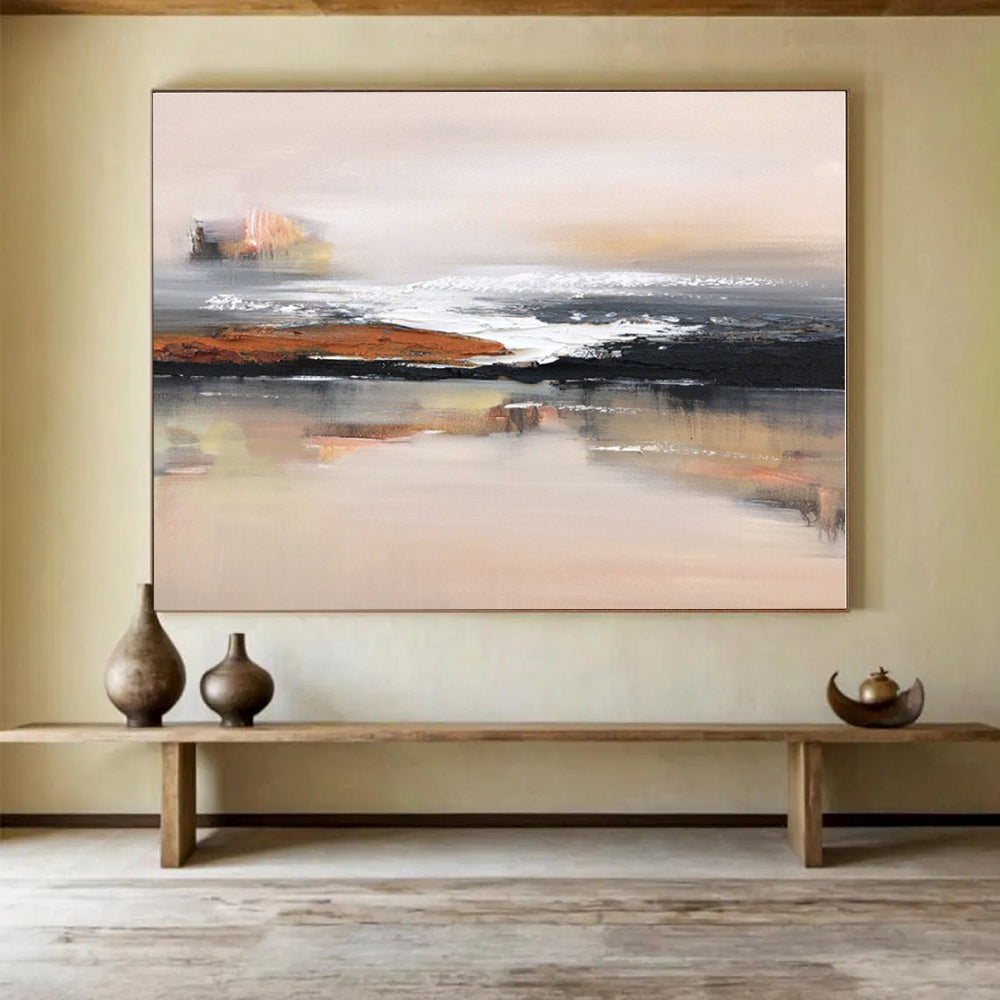 Large Painting In Living Room Beige, Black & White Abstract Coastal Art HPS157