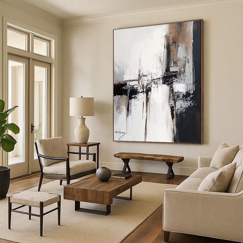 Acrylic Modern Art Paintings Beige, Black, and White Textured Abstract Art PT792