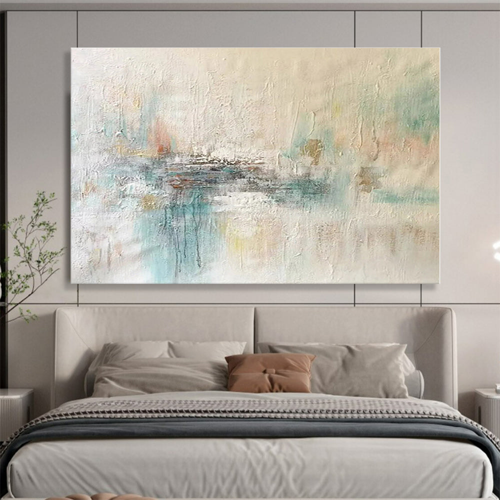 Handmade Art Soft Beige, Teal & White Textured Abstract Painting On Canvas HPS078