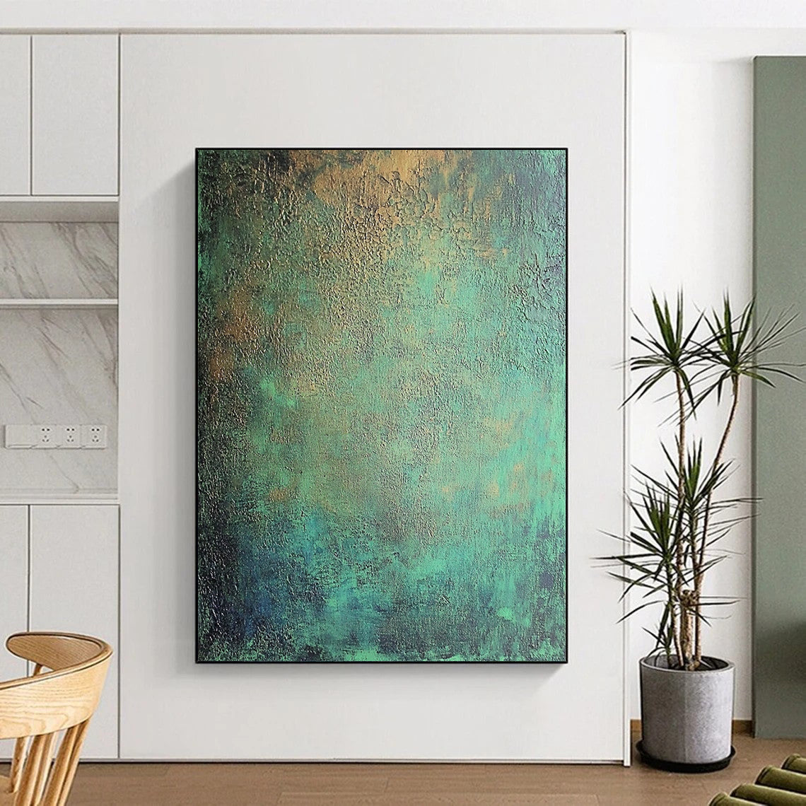Custom Large Abstract Art For Living Room, Teal Gold Abstract Textured Art PT179