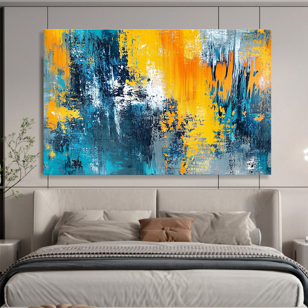 Hand-Painted Teal, Yellow, Orange & Gray Dynamic Abstract Painting HPS267