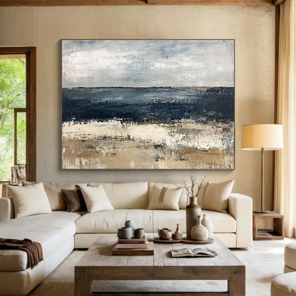 Buy Abstract Art Online Gray, Blue, and Beige Abstract Seaside Landscape HPS309