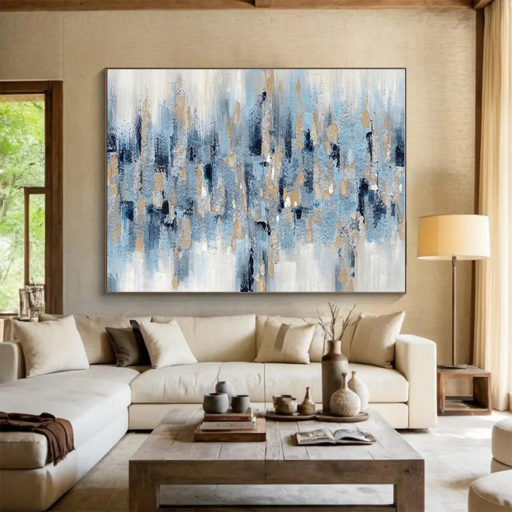 Acrylic Modern Art Paintings Blue, Gold & White Textured Abstract Painting On Canvas HPS122
