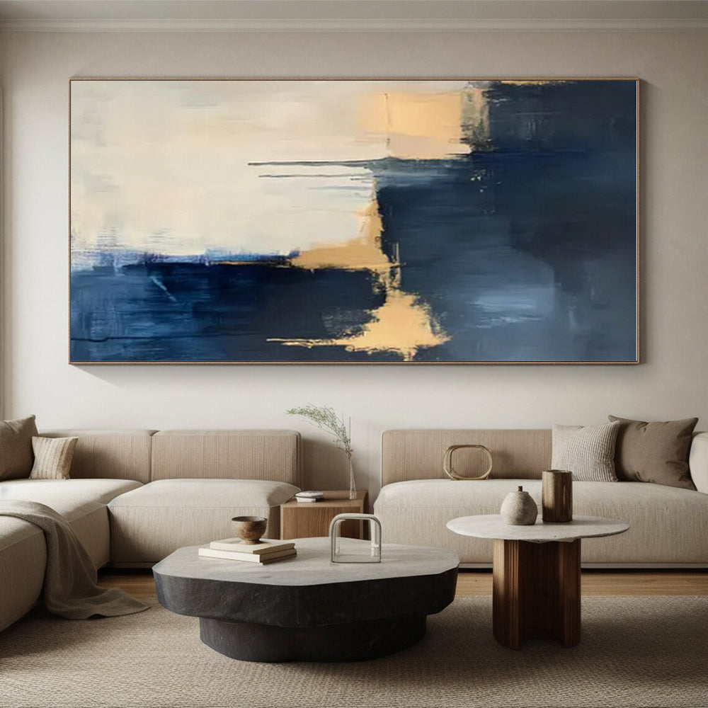 Modern Art Acrylic Navy, Beige, and Gold Textured Abstract Art PT748