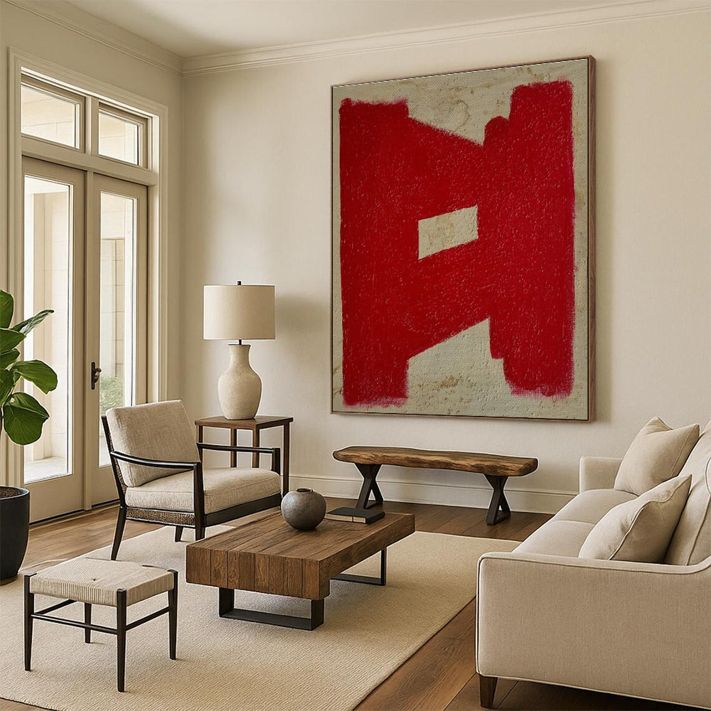 Handmade Art Red and Beige Geometric Abstract Art PT640