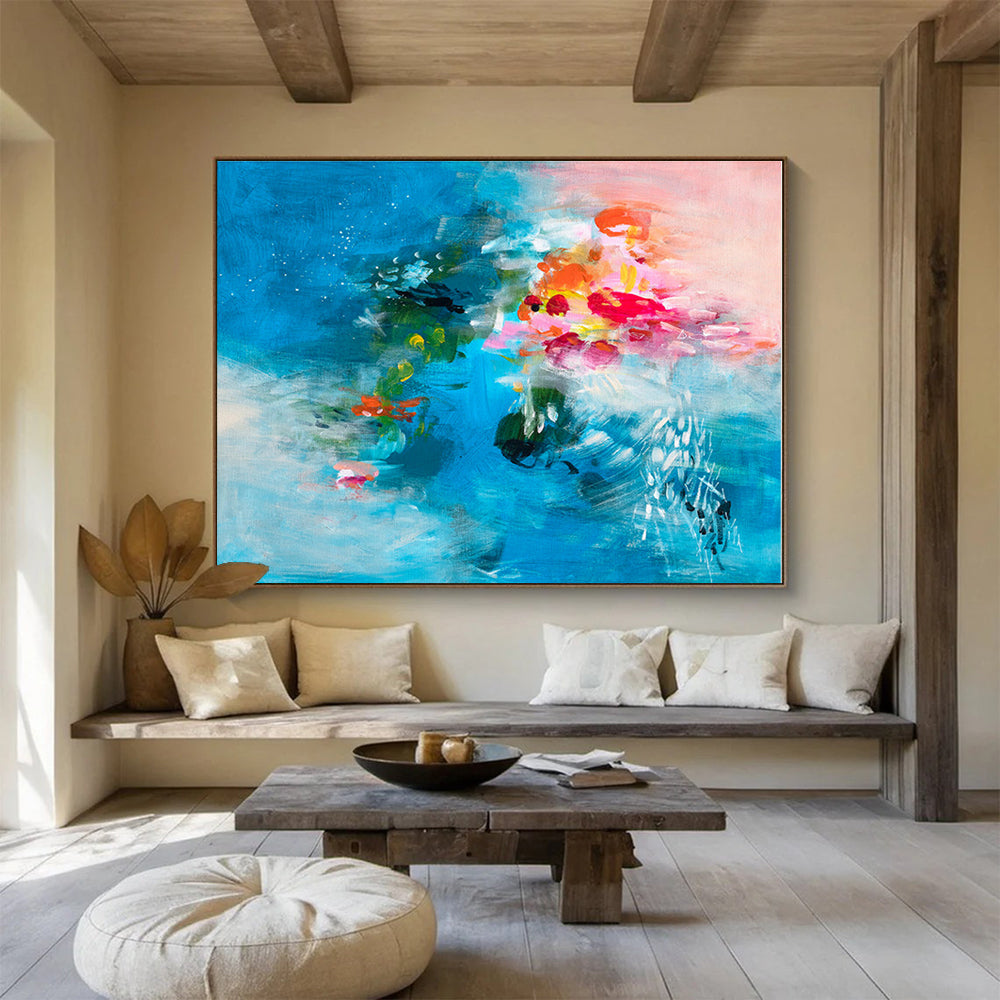 Hand Painted Art Vibrant Blue & Pink Floral Abstract On Canvas HPS021