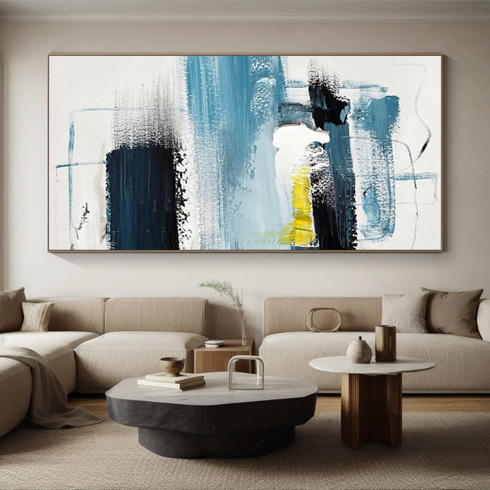 Cool Abstract Paintings - Blue, Black, White & Yellow Textured Abstract Art PT586