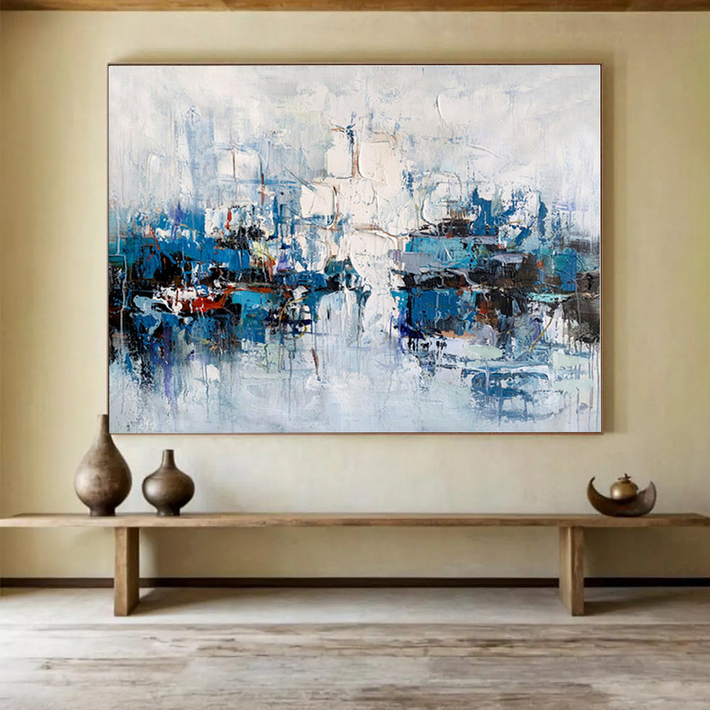 Large Contemporary Wall Art Blue & White Urban Abstract On Canvas HPS055