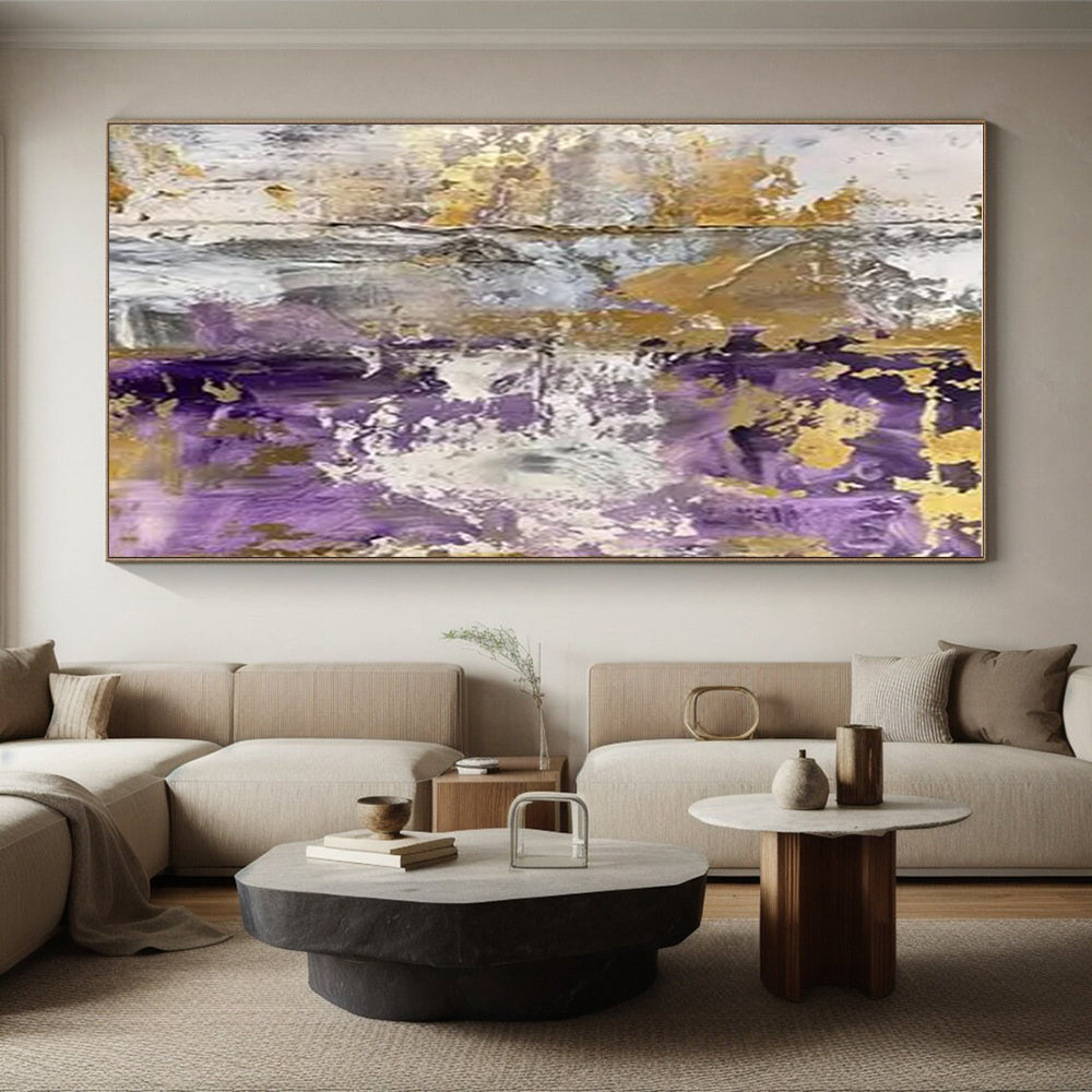 Unique Abstract Art - Purple, Gold & Gray Textured Abstract Art with Metallic Accents PT592