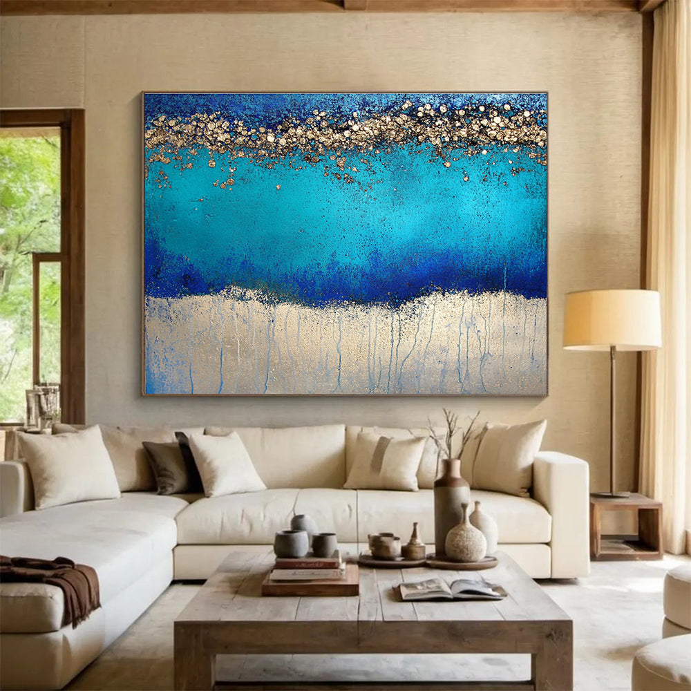 Large Size Blue and Gold Textured Abstract Coastal Art HPS324